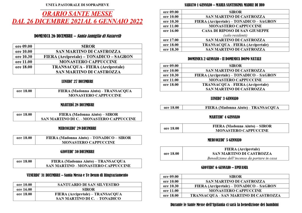 Orari Messe Natale, Capodanno, Epifania Orari Messe Natale, Capodanno, Epifania